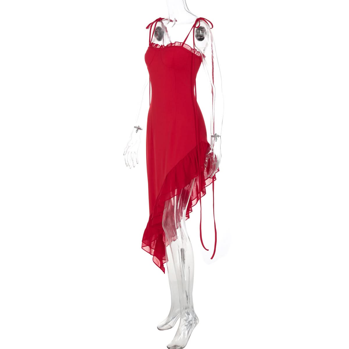 Siren Red Asymmetrical Ruffle Tie-Strap Midi Dress - Your Statement Piece for Fall & Holiday Glamour