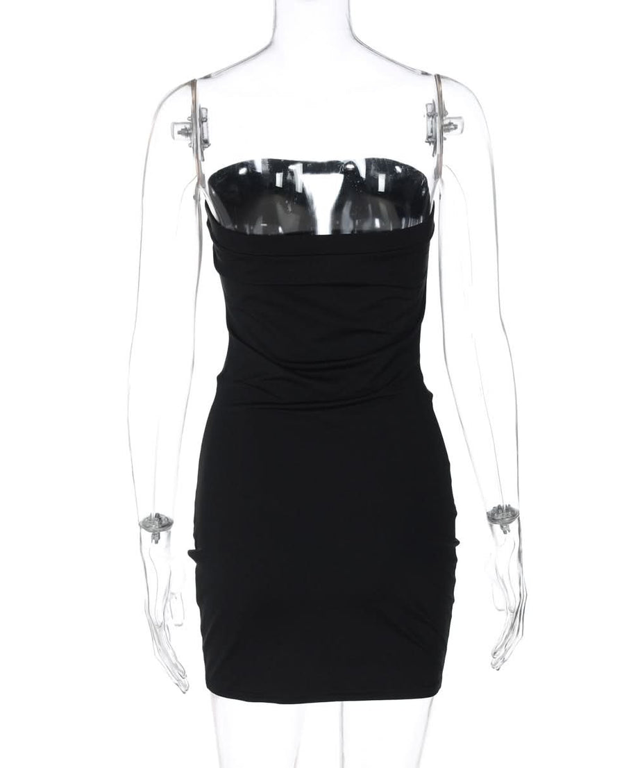 Sultry Black Strapless Bodycon Mini Dress | Draped Cowl Neck & Edgy Grommet Cut-Out for Fall Parties