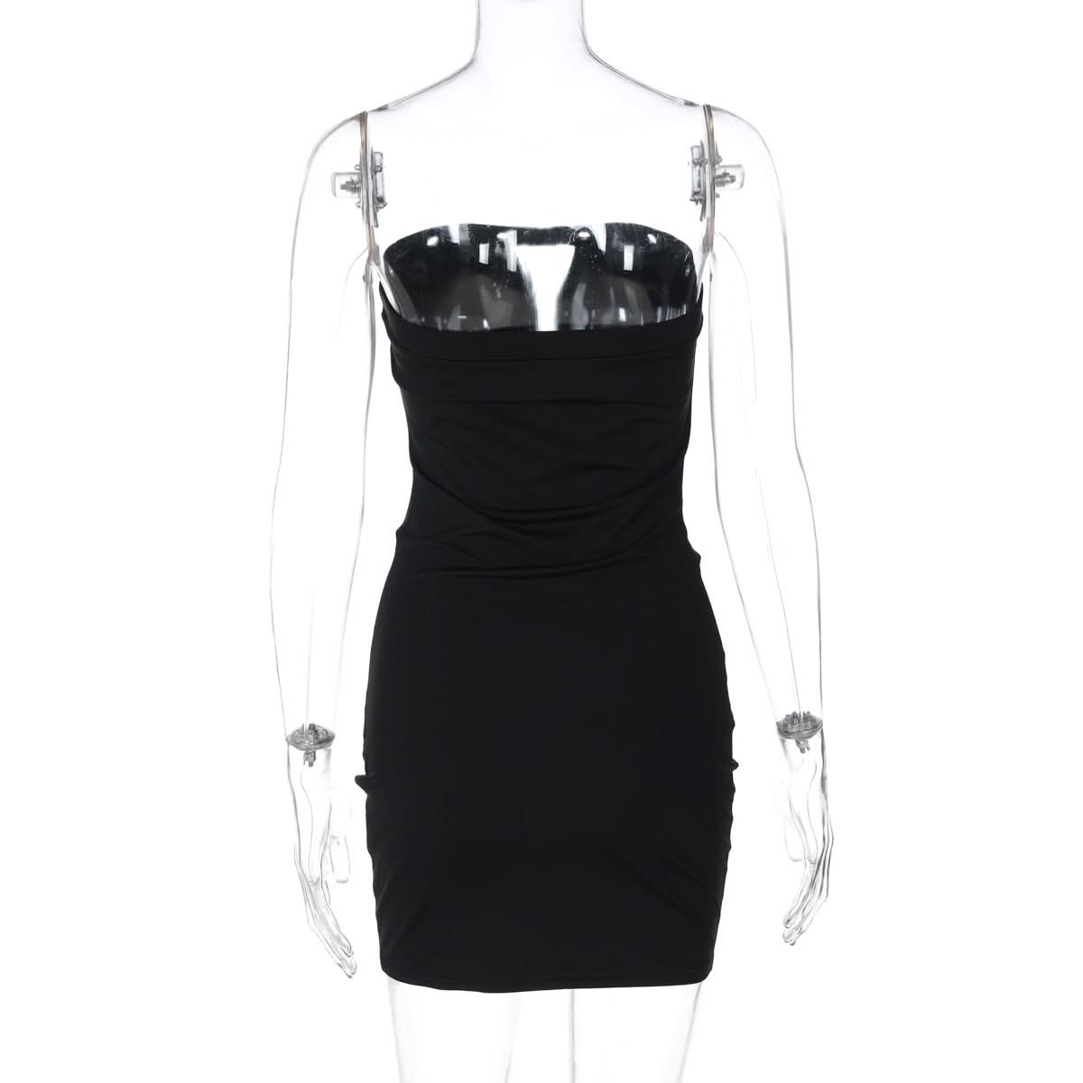 Sultry Black Strapless Bodycon Mini Dress | Draped Cowl Neck & Edgy Grommet Cut-Out for Fall Parties