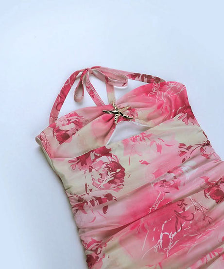 Coastal Charm Pink Floral Mini Dress | Halter Ruched Cut-Out & Starfish Detail - Your Ultimate Vacation Getaway Style