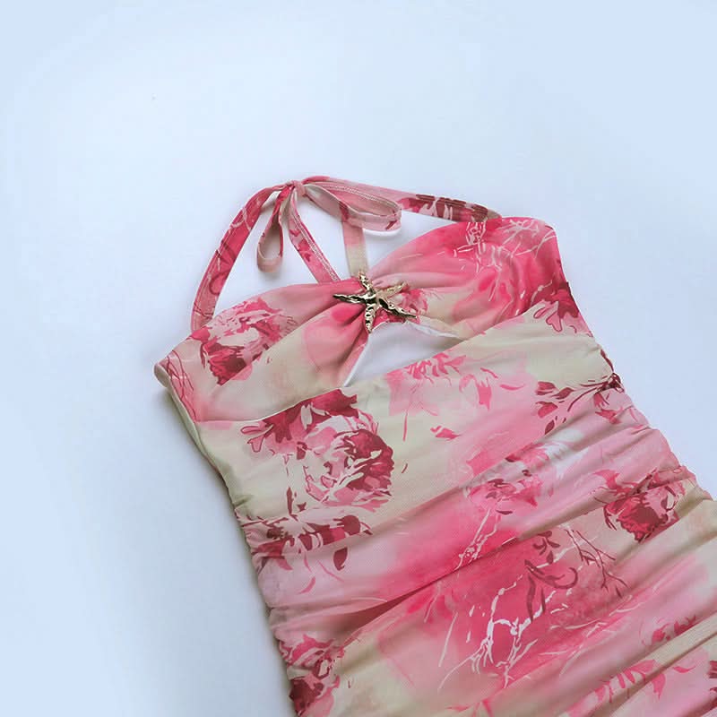Coastal Charm Pink Floral Mini Dress | Halter Ruched Cut-Out & Starfish Detail - Your Ultimate Vacation Getaway Style