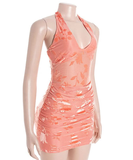 Chic Peach Floral Halter Mini Dress: Ruched Bodycon Style for Fall Events & Beyond