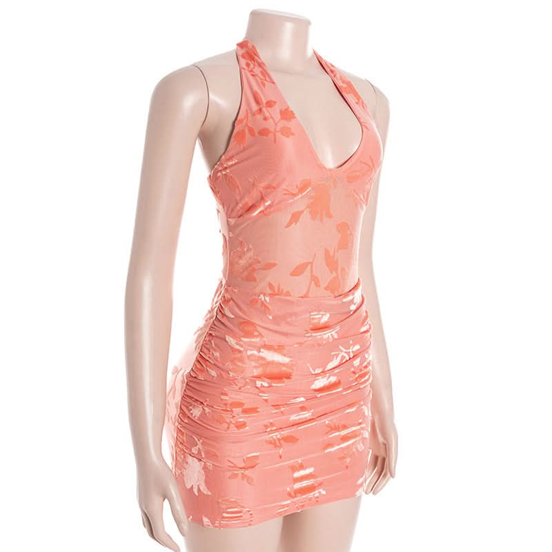 Chic Peach Floral Halter Mini Dress: Ruched Bodycon Style for Fall Events & Beyond