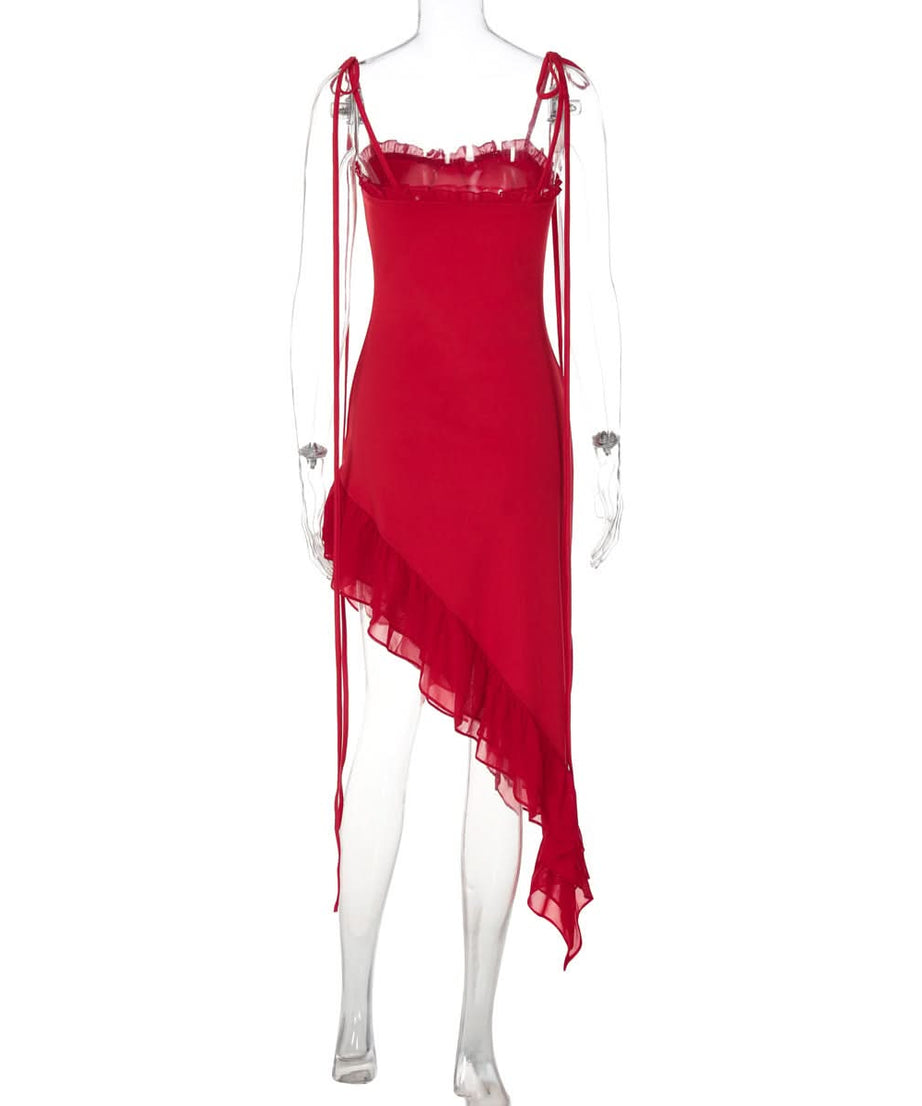 Siren Red Asymmetrical Ruffle Tie-Strap Midi Dress - Your Statement Piece for Fall & Holiday Glamour