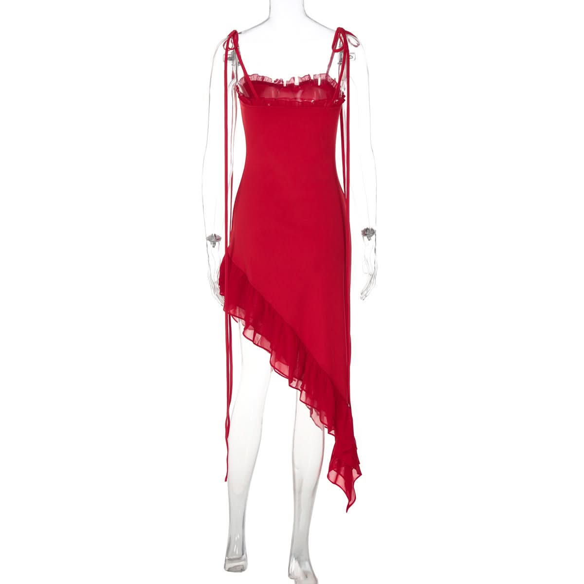 Siren Red Asymmetrical Ruffle Tie-Strap Midi Dress - Your Statement Piece for Fall & Holiday Glamour