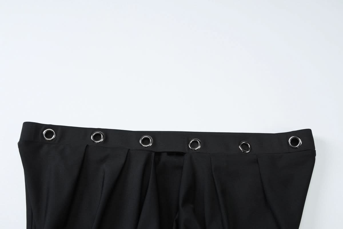 Sultry Black Strapless Bodycon Mini Dress | Draped Cowl Neck & Edgy Grommet Cut-Out for Fall Parties