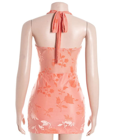 Chic Peach Floral Halter Mini Dress: Ruched Bodycon Style for Fall Events & Beyond