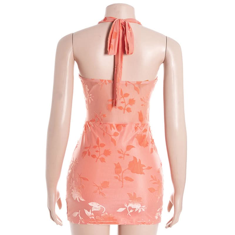 Chic Peach Floral Halter Mini Dress: Ruched Bodycon Style for Fall Events & Beyond