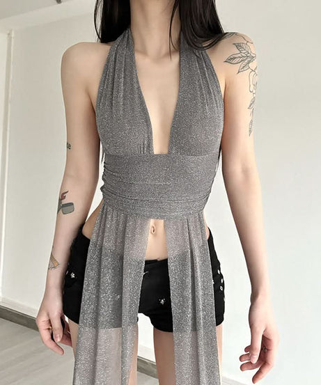 Dazzling Silver Shimmer Halter Plunge Top – Your Fall & Holiday Party Statement