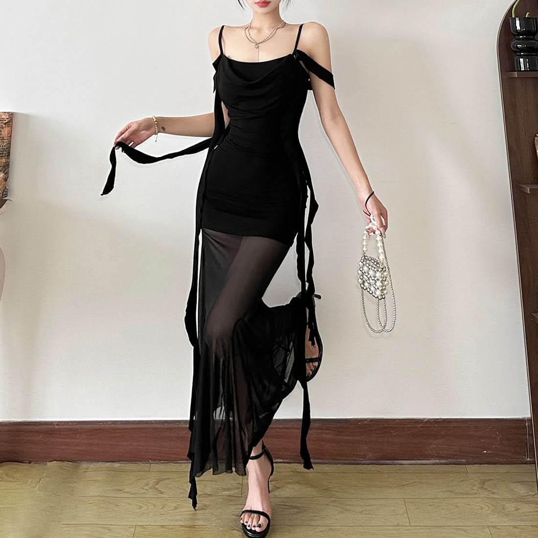 Sultry Black Mesh Overlay Maxi Dress - Cowl Neck Bodycon, Off-Shoulder | Fall & Holiday Party Glam