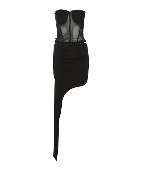 Sultry Black Mesh Bustier & Asymmetrical Ruched Mini Skirt Set - Fall Party & Holiday Ready