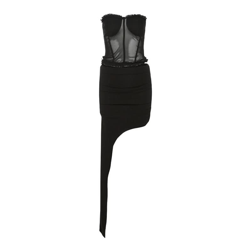 Sultry Black Mesh Bustier & Asymmetrical Ruched Mini Skirt Set - Fall Party & Holiday Ready
