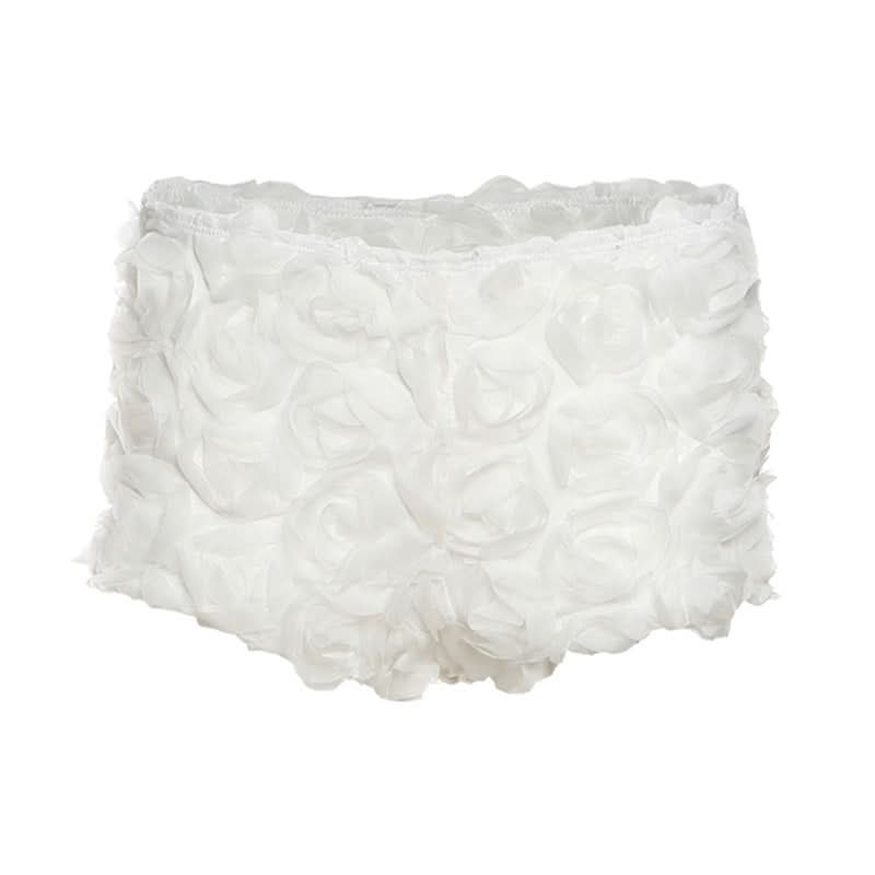 Whimsical White 3D Rose Shorts: Romantic Floral Applique for Chic Fall Style