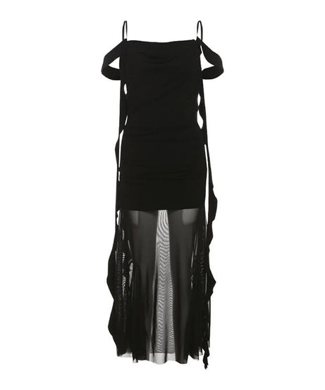 Sultry Black Mesh Overlay Maxi Dress - Cowl Neck Bodycon, Off-Shoulder | Fall & Holiday Party Glam