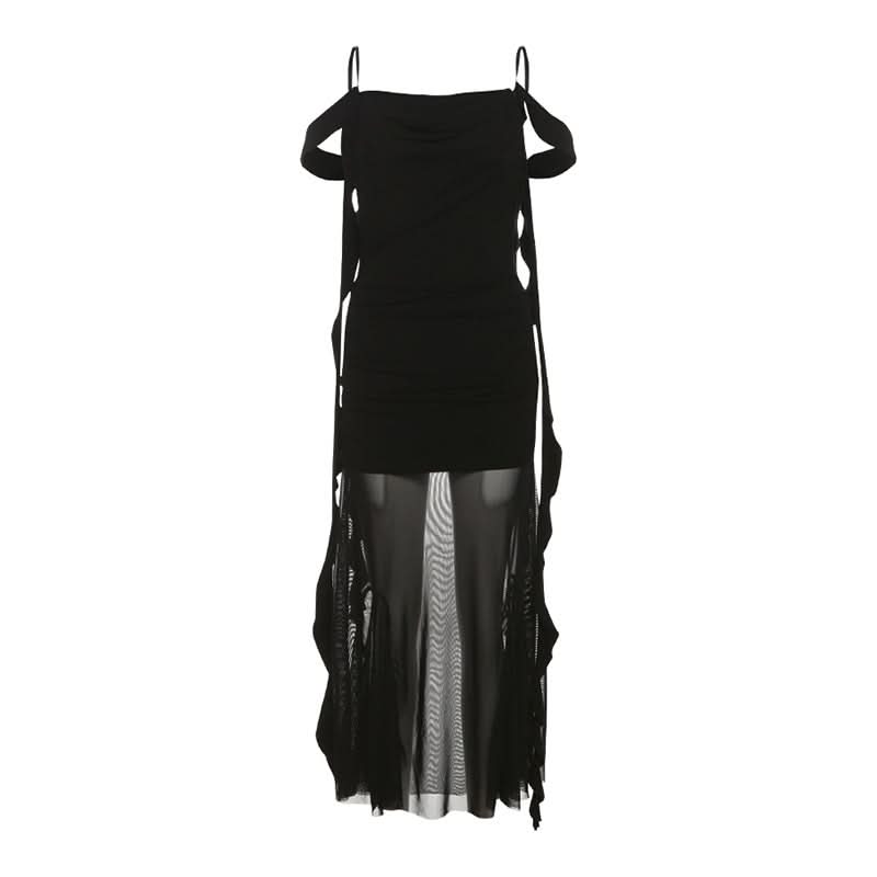 Sultry Black Mesh Overlay Maxi Dress - Cowl Neck Bodycon, Off-Shoulder | Fall & Holiday Party Glam