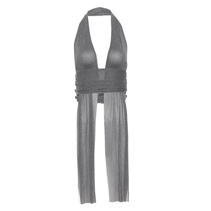 Dazzling Silver Shimmer Halter Plunge Top – Your Fall & Holiday Party Statement