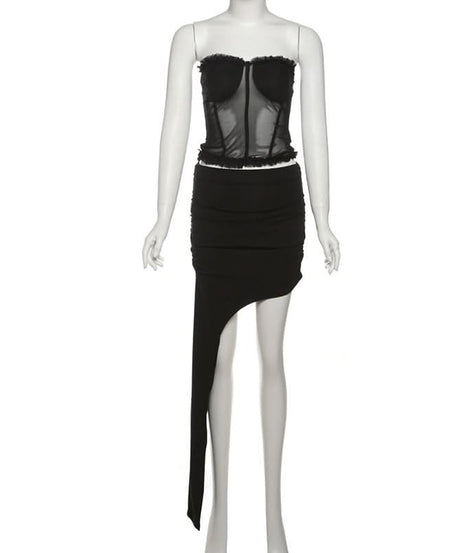 Sultry Black Mesh Bustier & Asymmetrical Ruched Mini Skirt Set - Fall Party & Holiday Ready