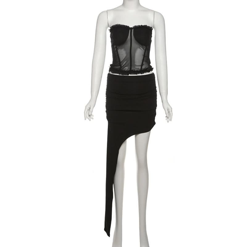 Sultry Black Mesh Bustier & Asymmetrical Ruched Mini Skirt Set - Fall Party & Holiday Ready