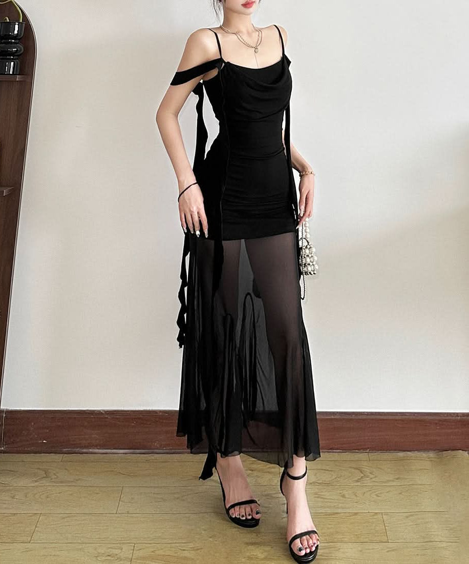 Sultry Black Mesh Overlay Maxi Dress - Cowl Neck Bodycon, Off-Shoulder | Fall & Holiday Party Glam