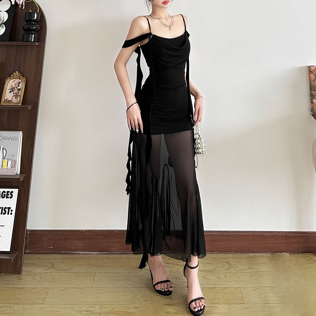 Sultry Black Mesh Overlay Maxi Dress - Cowl Neck Bodycon, Off-Shoulder | Fall & Holiday Party Glam