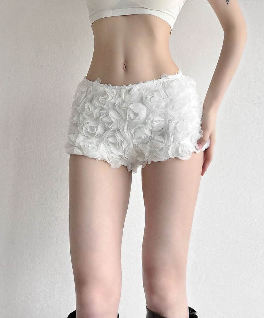 Whimsical White 3D Rose Shorts: Romantic Floral Applique for Chic Fall Style