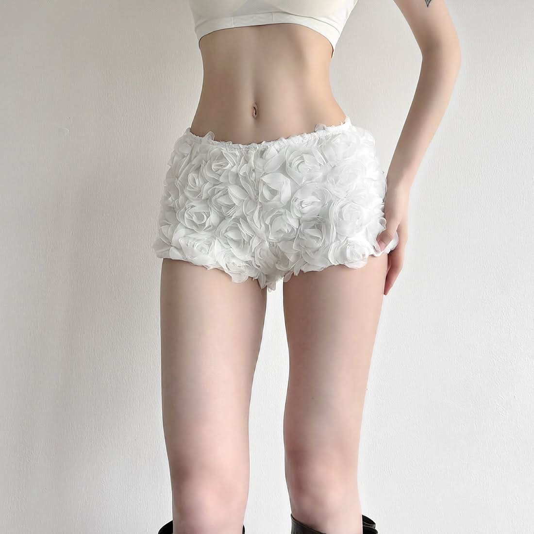 Whimsical White 3D Rose Shorts: Romantic Floral Applique for Chic Fall Style