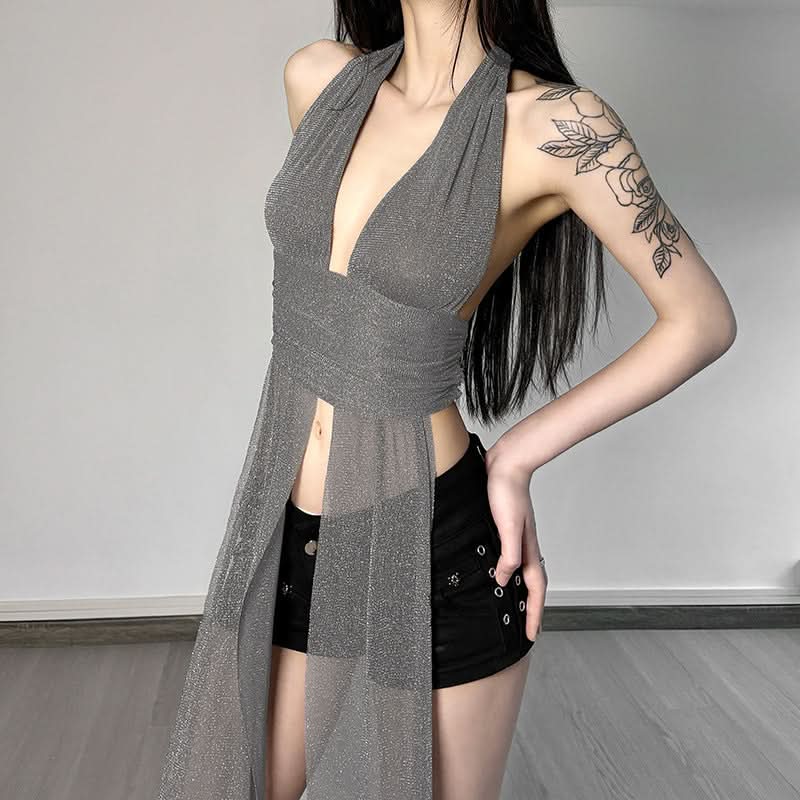 Dazzling Silver Shimmer Halter Plunge Top – Your Fall & Holiday Party Statement