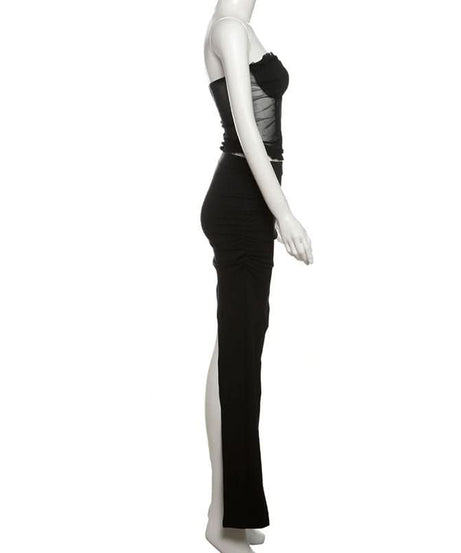 Sultry Black Mesh Bustier & Asymmetrical Ruched Mini Skirt Set - Fall Party & Holiday Ready