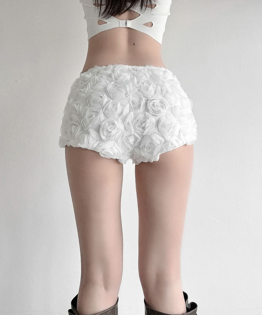 Whimsical White 3D Rose Shorts: Romantic Floral Applique for Chic Fall Style