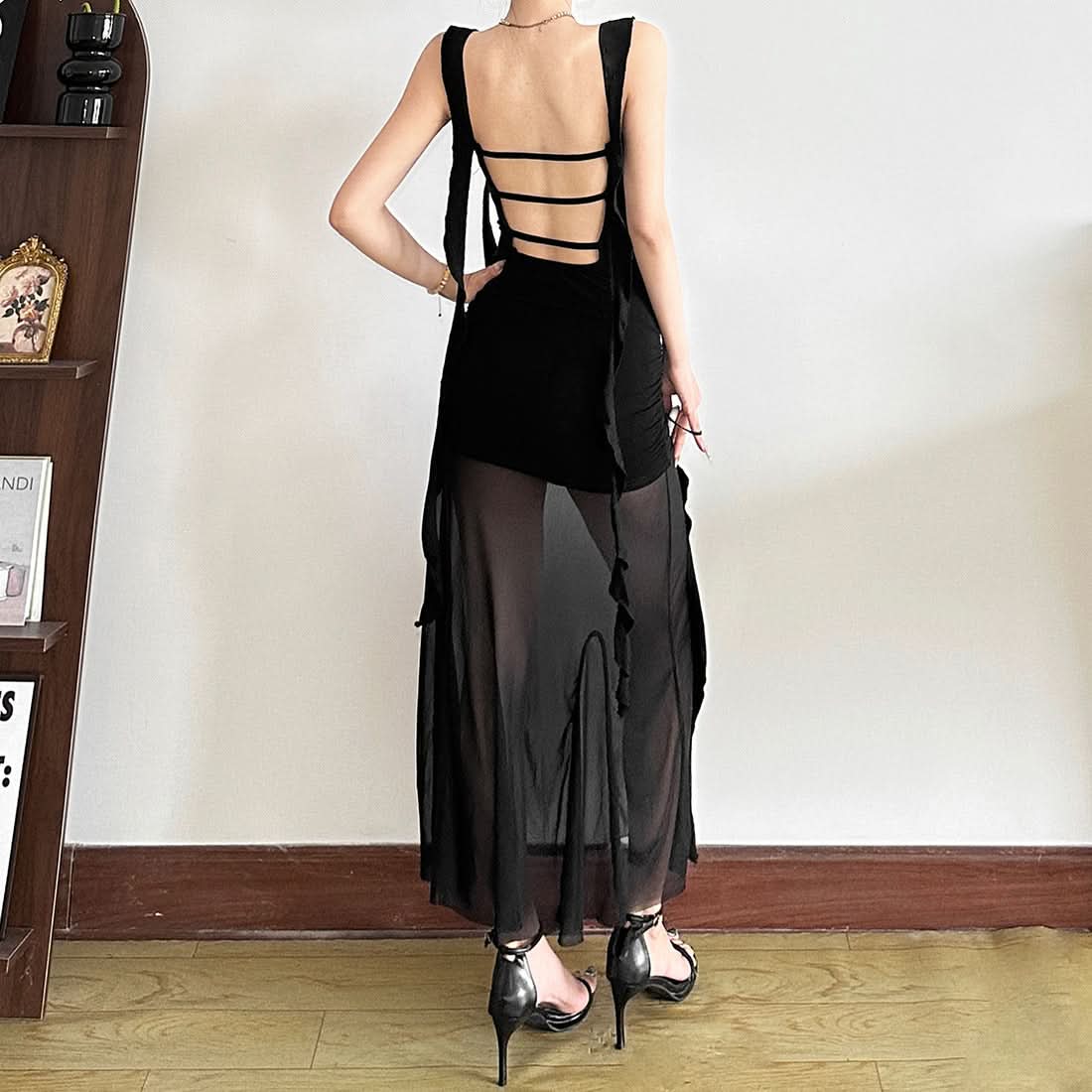 Sultry Black Mesh Overlay Maxi Dress - Cowl Neck Bodycon, Off-Shoulder | Fall & Holiday Party Glam