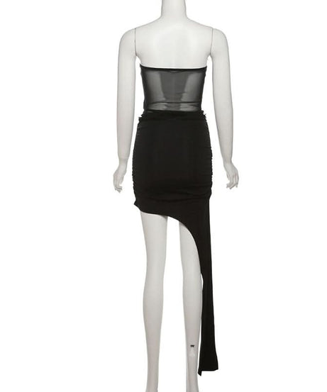 Sultry Black Mesh Bustier & Asymmetrical Ruched Mini Skirt Set - Fall Party & Holiday Ready