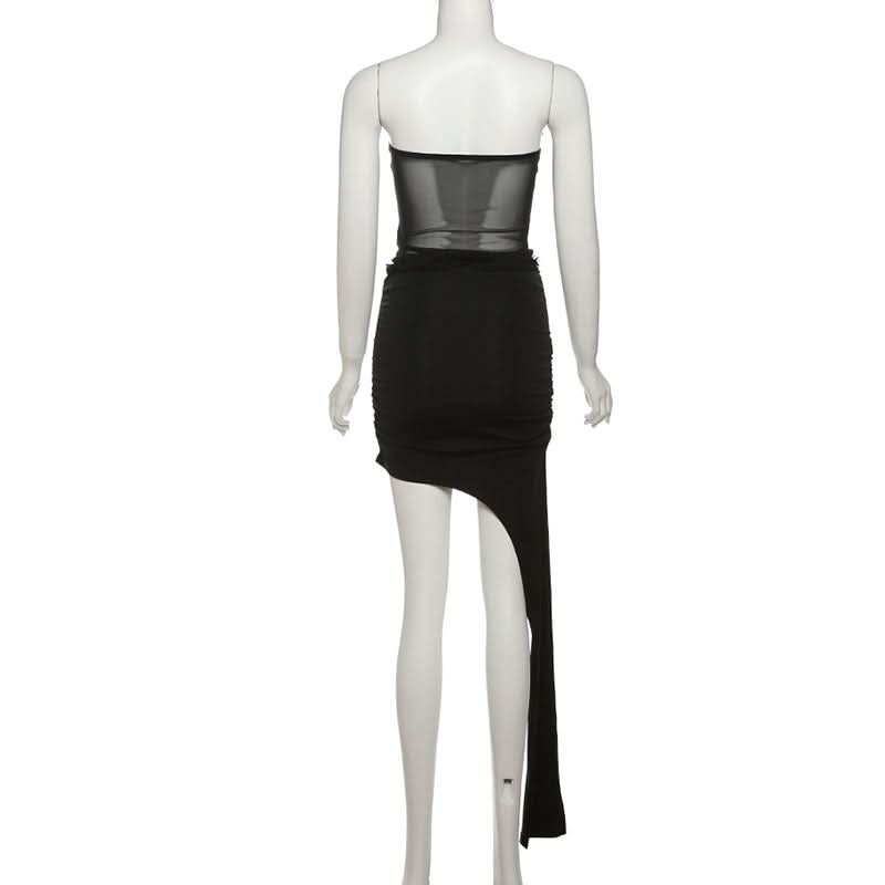 Sultry Black Mesh Bustier & Asymmetrical Ruched Mini Skirt Set - Fall Party & Holiday Ready