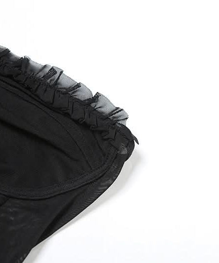 Sultry Black Mesh Bustier & Asymmetrical Ruched Mini Skirt Set - Fall Party & Holiday Ready