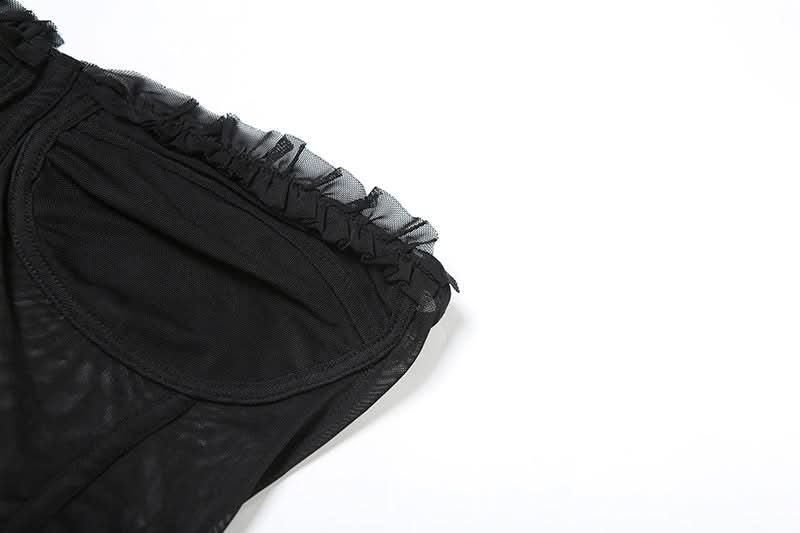 Sultry Black Mesh Bustier & Asymmetrical Ruched Mini Skirt Set - Fall Party & Holiday Ready