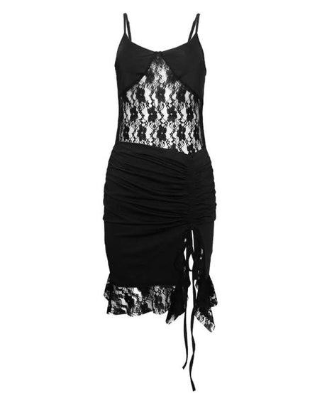 Fall Flirt: Black Lace & Ruched Drawstring Cami Mini Dress - Your Halloween Party Go-To