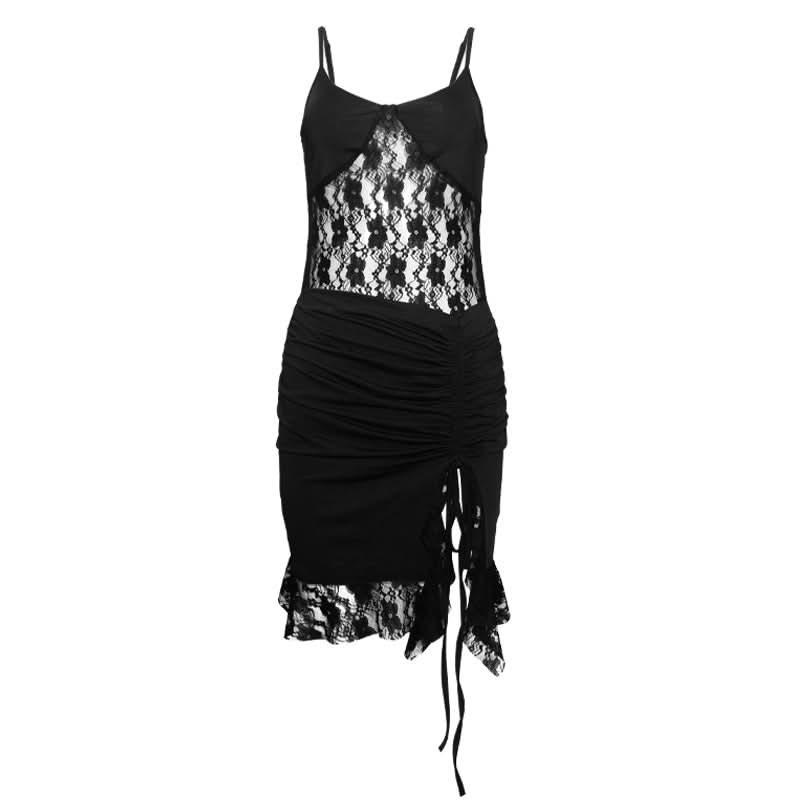 Fall Flirt: Black Lace & Ruched Drawstring Cami Mini Dress - Your Halloween Party Go-To