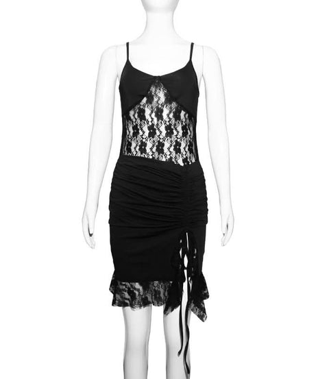 Fall Flirt: Black Lace & Ruched Drawstring Cami Mini Dress - Your Halloween Party Go-To