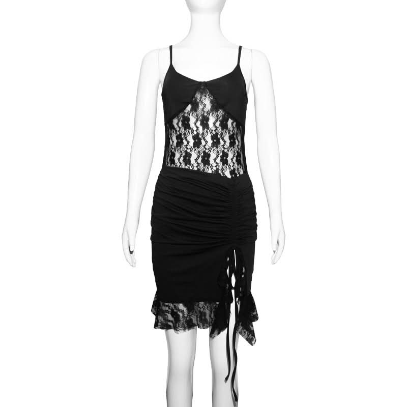 Fall Flirt: Black Lace & Ruched Drawstring Cami Mini Dress - Your Halloween Party Go-To