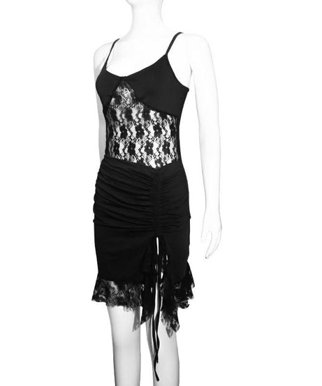 Fall Flirt: Black Lace & Ruched Drawstring Cami Mini Dress - Your Halloween Party Go-To