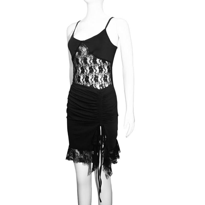 Fall Flirt: Black Lace & Ruched Drawstring Cami Mini Dress - Your Halloween Party Go-To