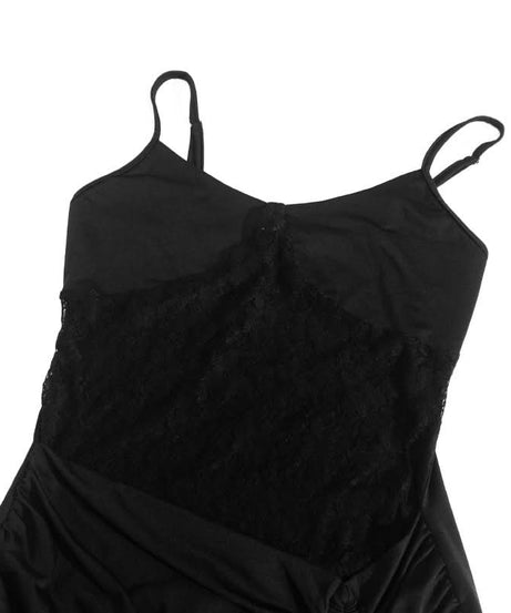 Fall Flirt: Black Lace & Ruched Drawstring Cami Mini Dress - Your Halloween Party Go-To