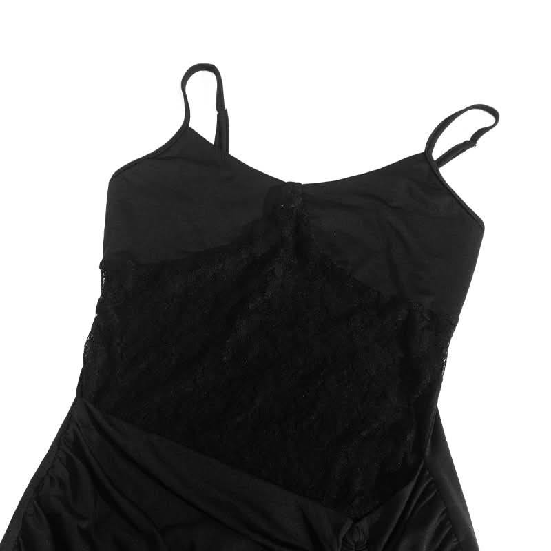Fall Flirt: Black Lace & Ruched Drawstring Cami Mini Dress - Your Halloween Party Go-To