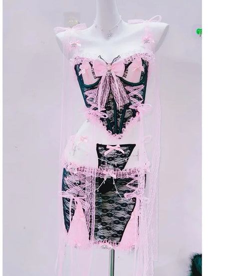 Sultry Pink & Black Lace Lingerie Set | Playful Bowknot Cami Skirt & Sheer Cape | Halloween & Fall Romance