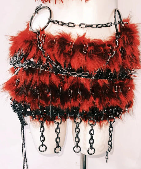 Crimson Fury: Spiked Faux Fur Skull Crop Top & Mini Skirt Set - Your Ultimate Halloween & Rave Look