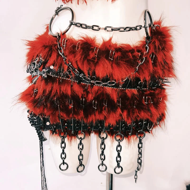 Crimson Fury: Spiked Faux Fur Skull Crop Top & Mini Skirt Set - Your Ultimate Halloween & Rave Look