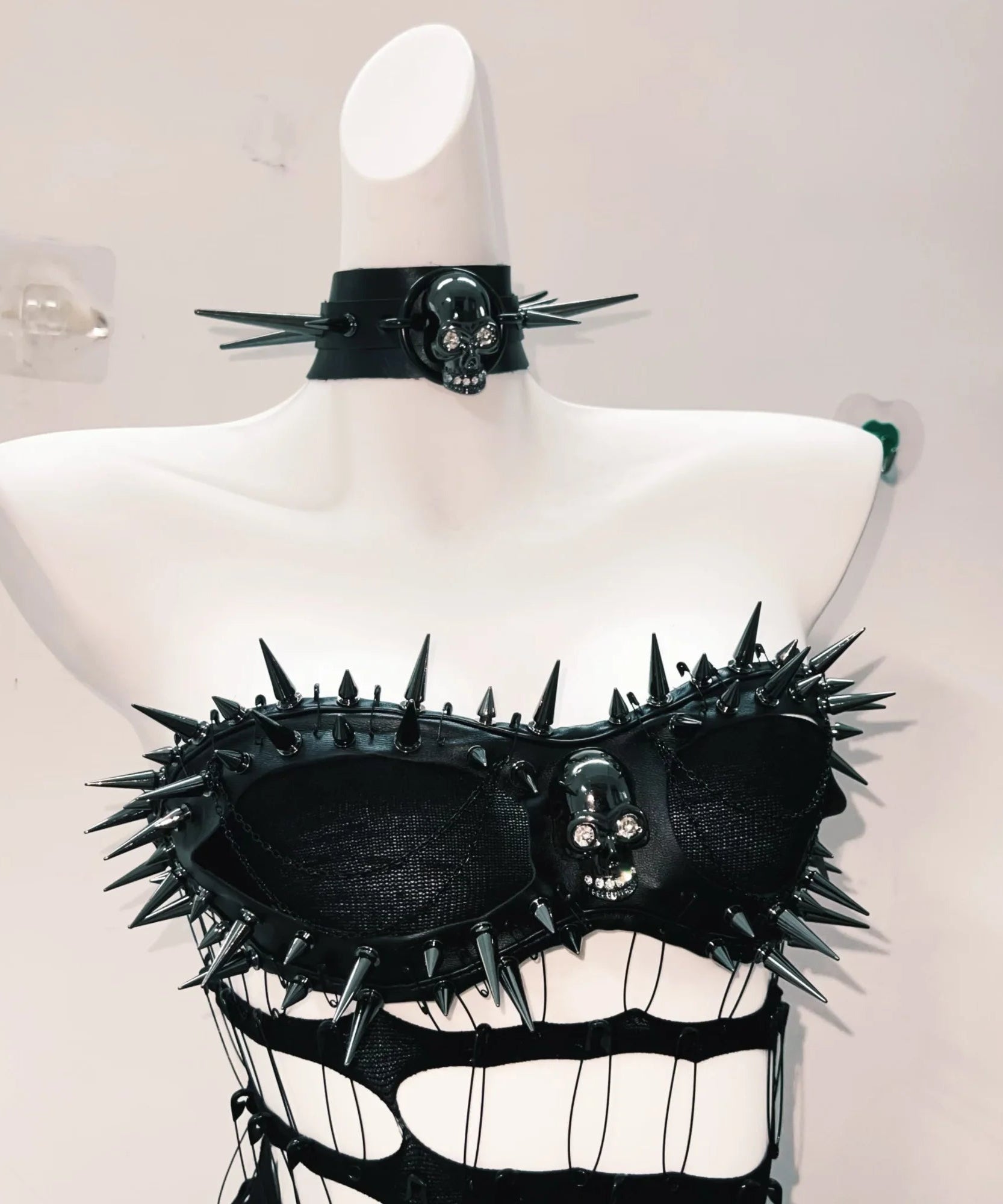 Unleash Your Inner Rebel: Spiked Skull & Chain Mini Set with Choker - Goth Punk Halloween Ready