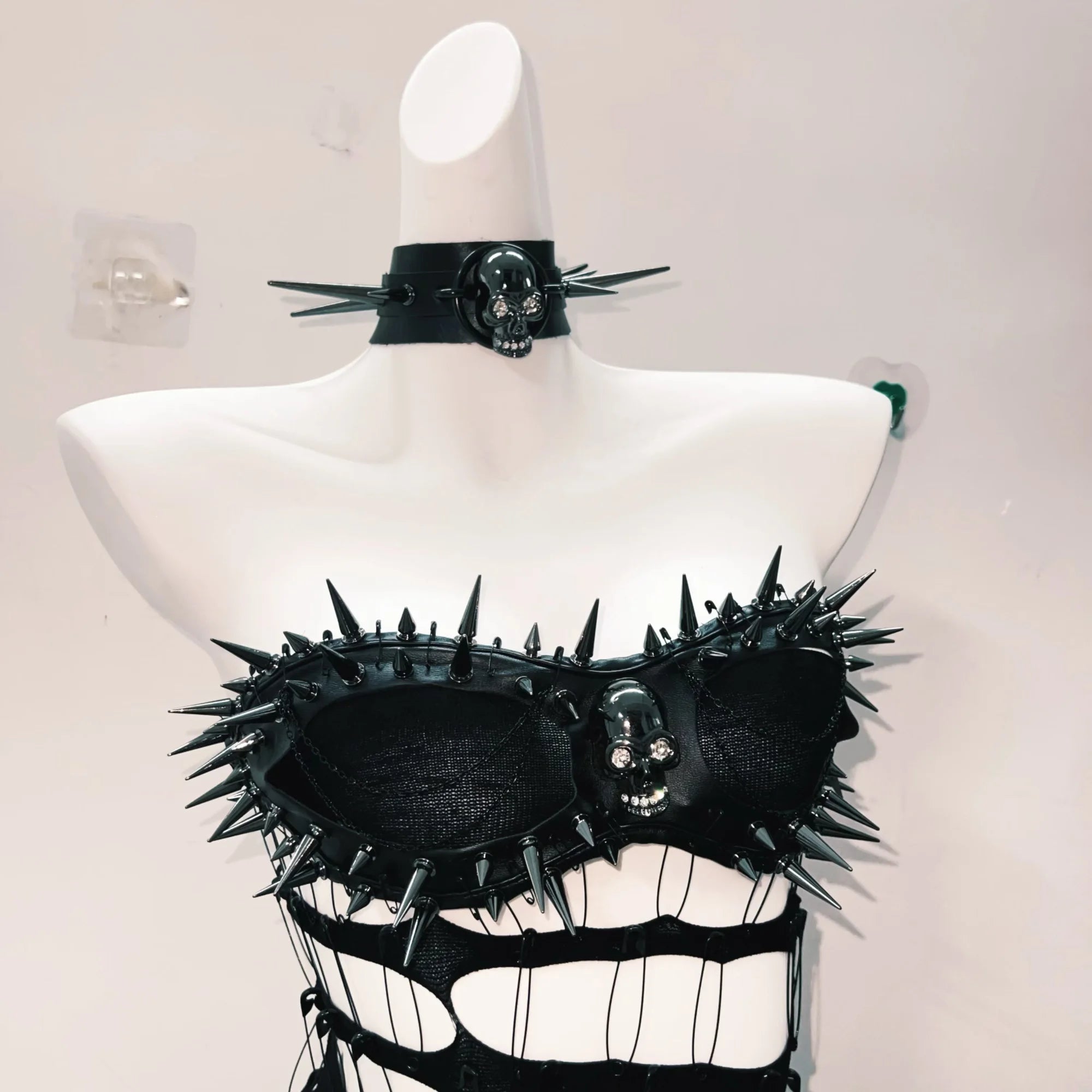 Unleash Your Inner Rebel: Spiked Skull & Chain Mini Set with Choker - Goth Punk Halloween Ready