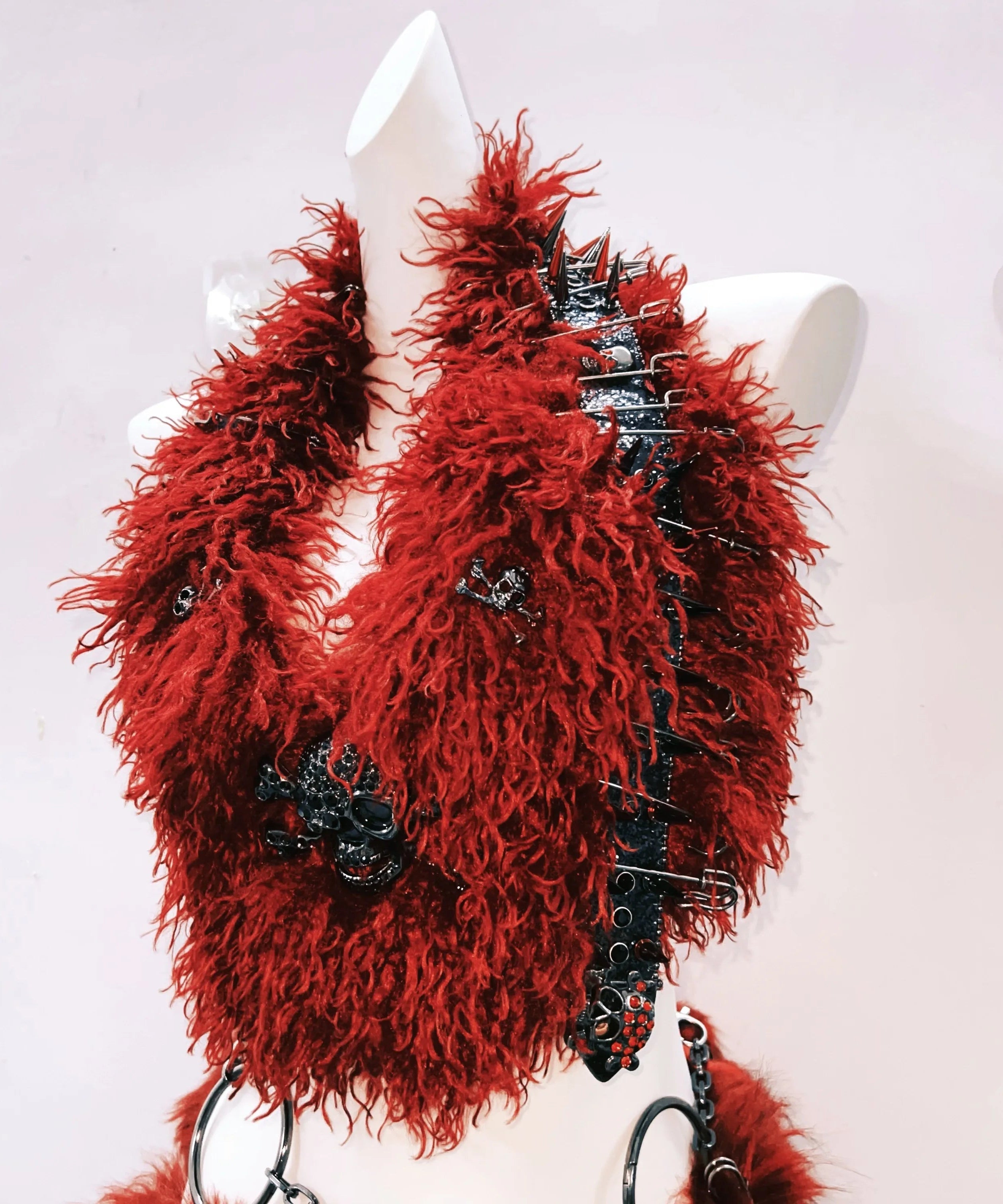 Crimson Fury: Spiked Faux Fur Skull Crop Top & Mini Skirt Set - Your Ultimate Halloween & Rave Look