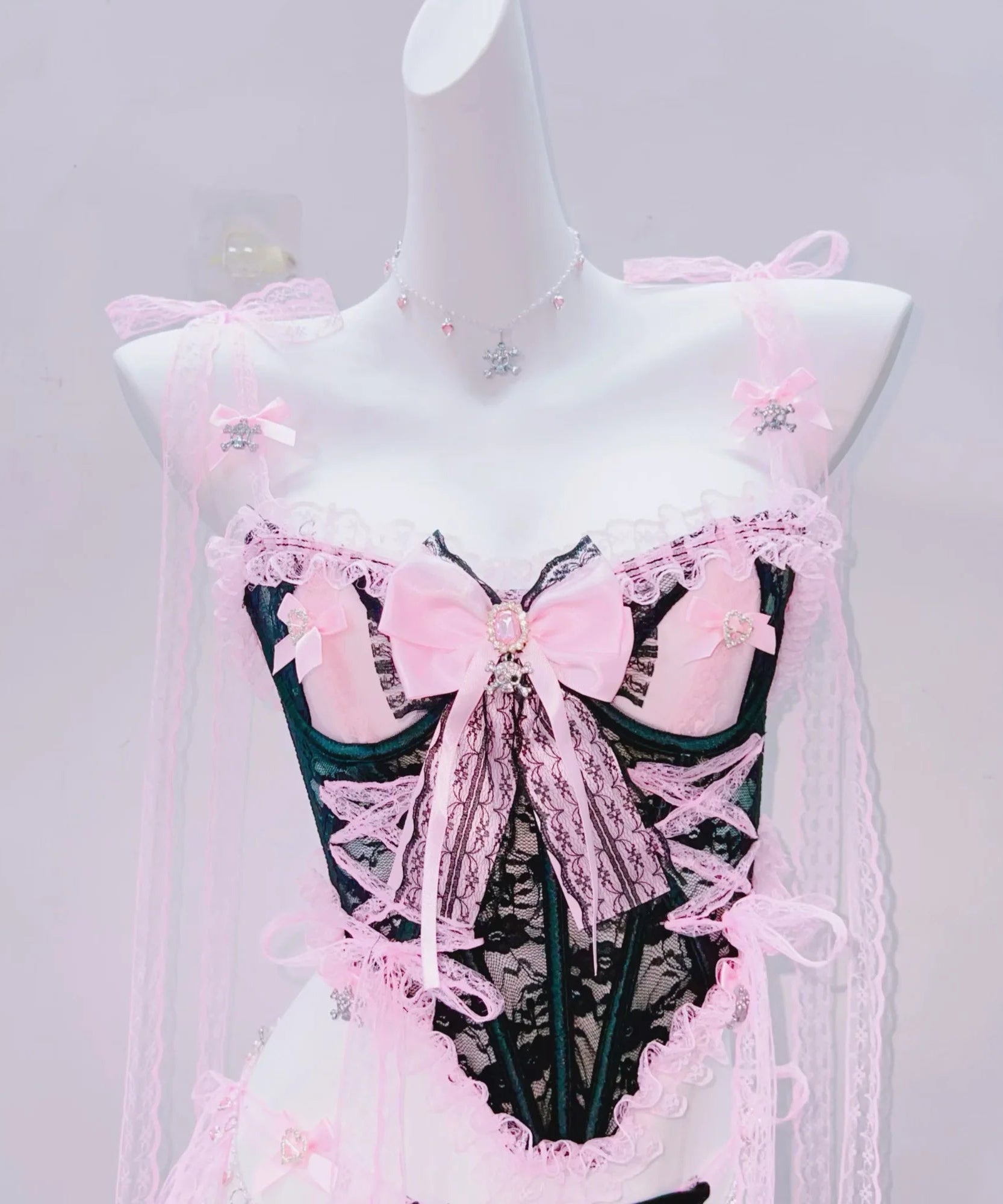 Sultry Pink & Black Lace Lingerie Set | Playful Bowknot Cami Skirt & Sheer Cape | Halloween & Fall Romance