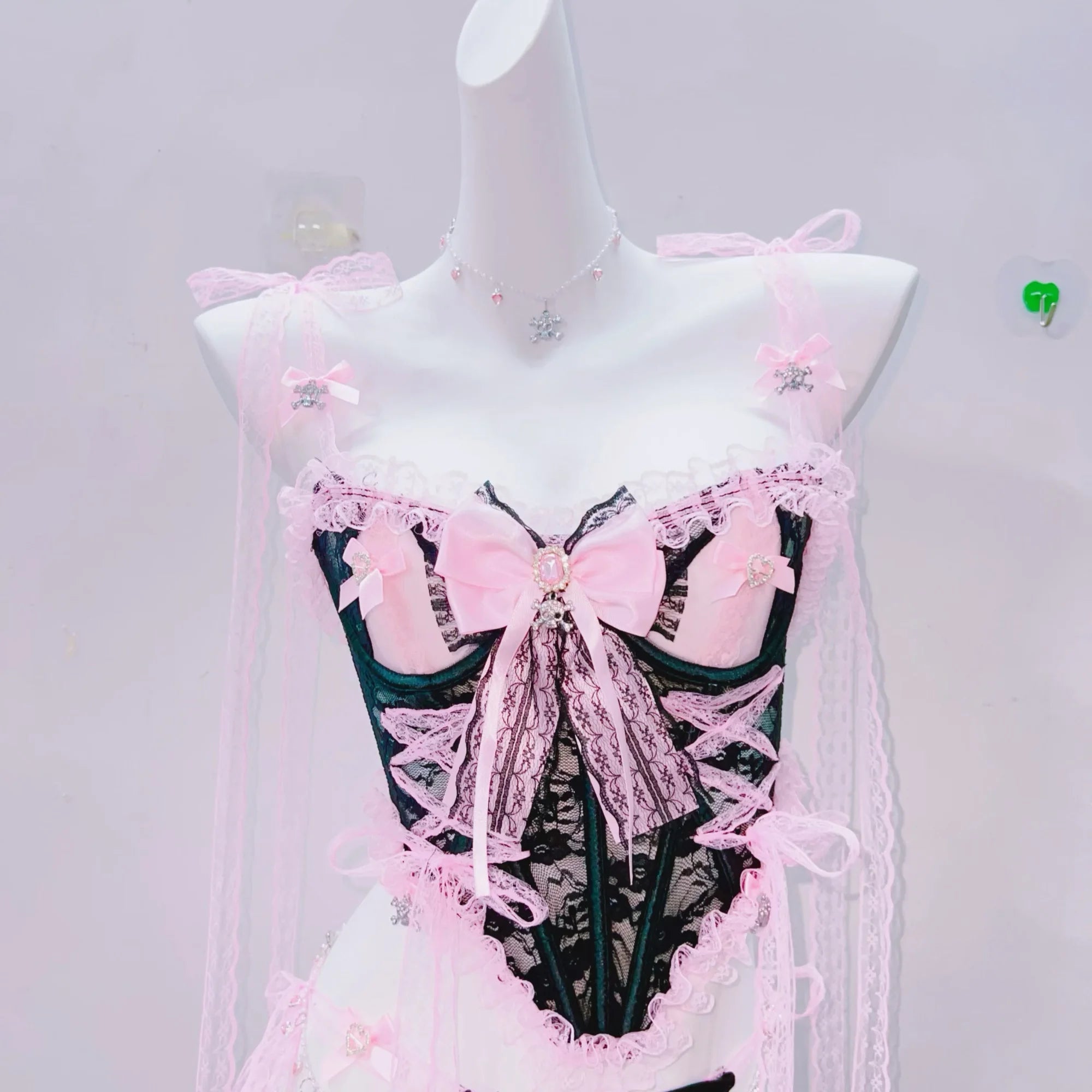 Sultry Pink & Black Lace Lingerie Set | Playful Bowknot Cami Skirt & Sheer Cape | Halloween & Fall Romance